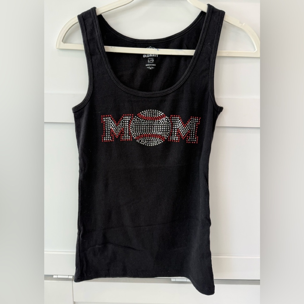 Old Navy Baseball Mom Woman Shirt L Black Rhinestone Tank Top EUC, Not Faded